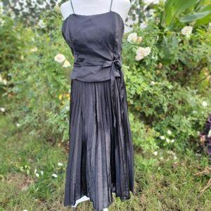 Vintage 90s Black Satin Formal Prom Party Dress Pleated Skirt Large